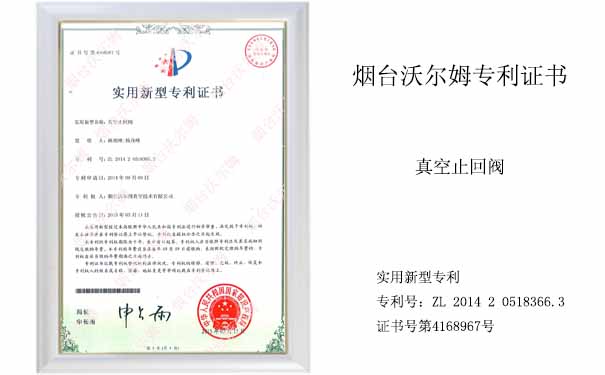 沃爾姆專利證書:真空止回閥 沃爾姆專利證書:真空止回閥